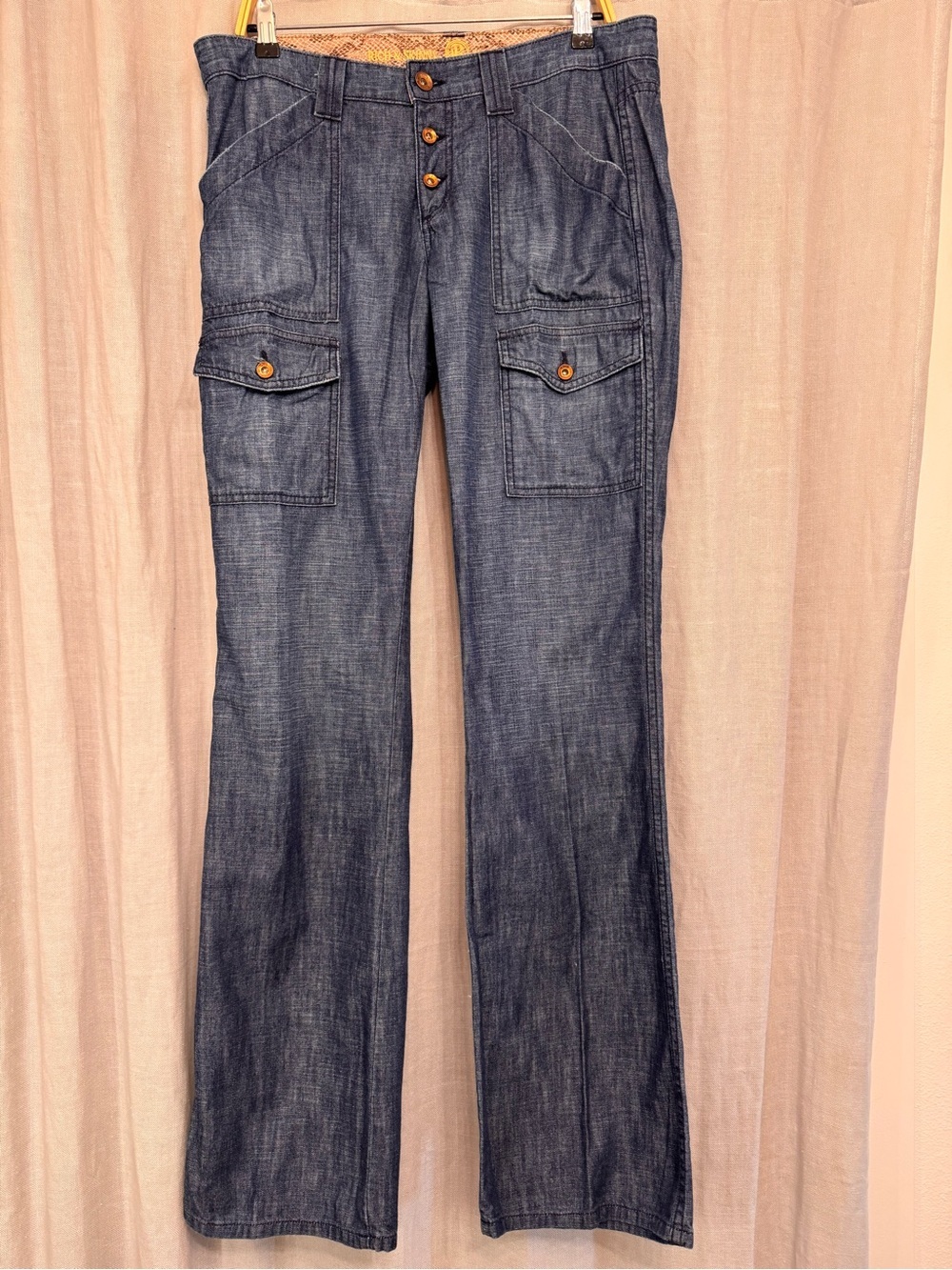 Rich & Skinny Cargo Flare Jeans Chambray Lightweight Wide Leg Blue Size 31
